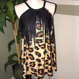Woman’s Summer top.  Black with leopard print, size medium.